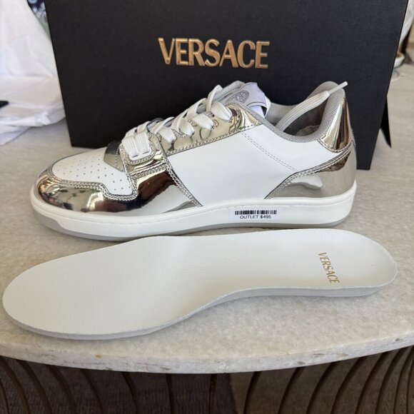 Versace Medusa White Leather Men's Sneaker Shoe, 1013377, Silver patent leather - Picture 13 of 13